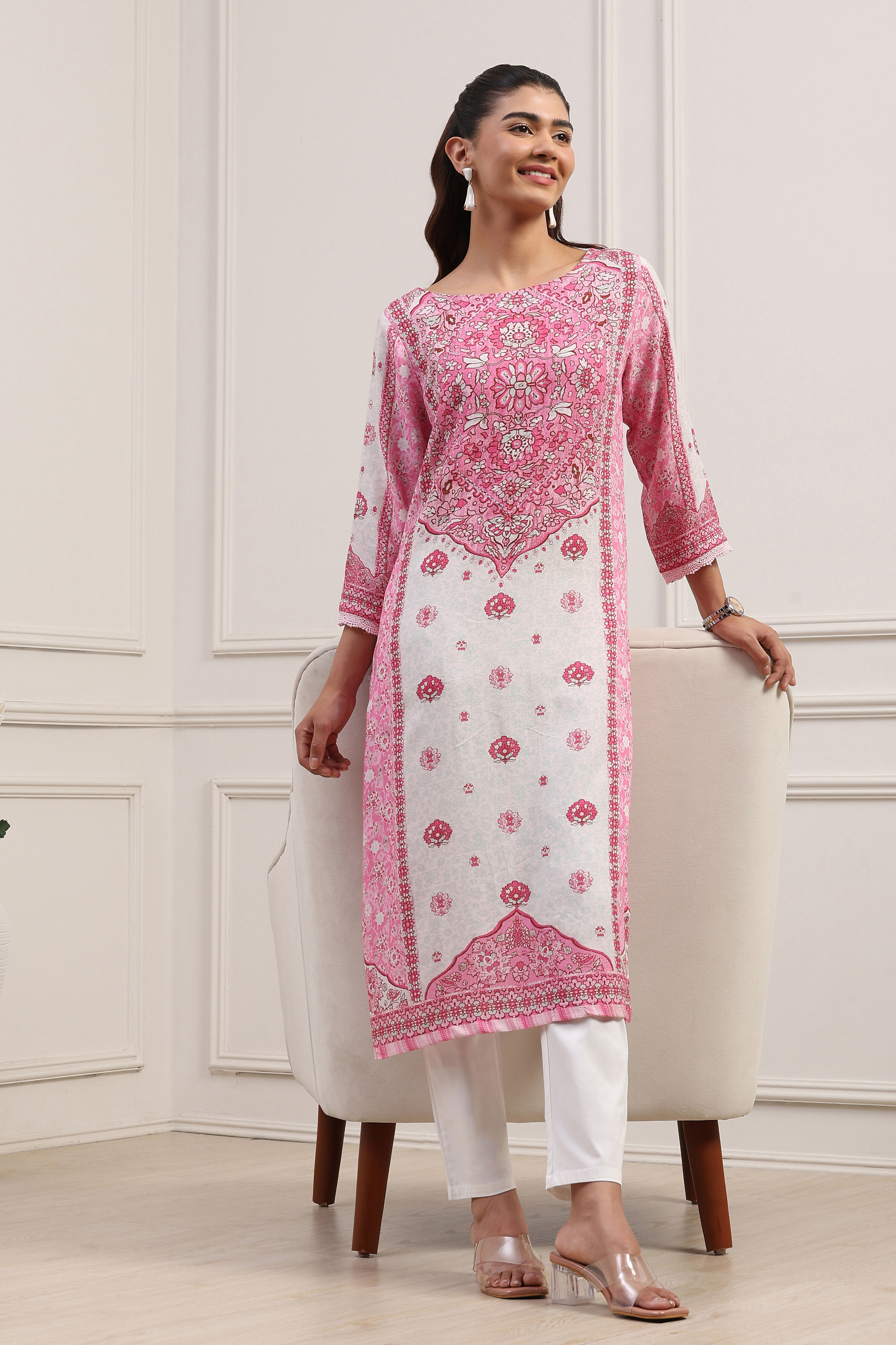 Pink Viscose Rayon Printed Straight Kurta image number 0