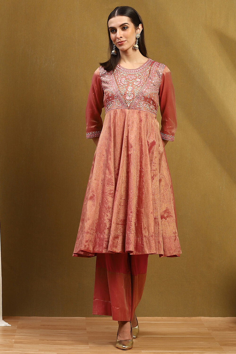 Old Rose-Toned Zari Cotton Embroidered Anarkali Suit Set image number 6