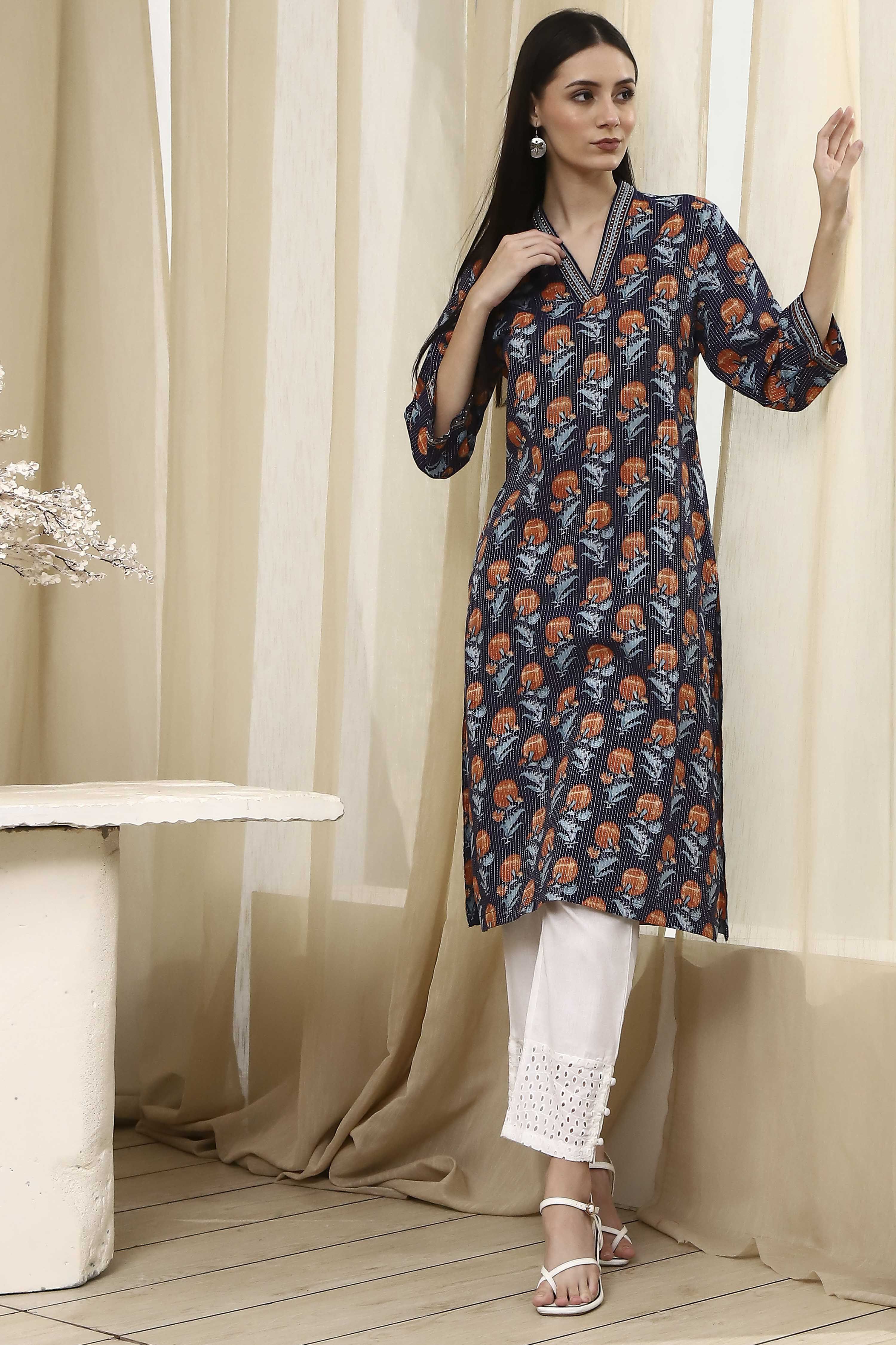 Teal Cotton Printed Straight Kurta image number 6