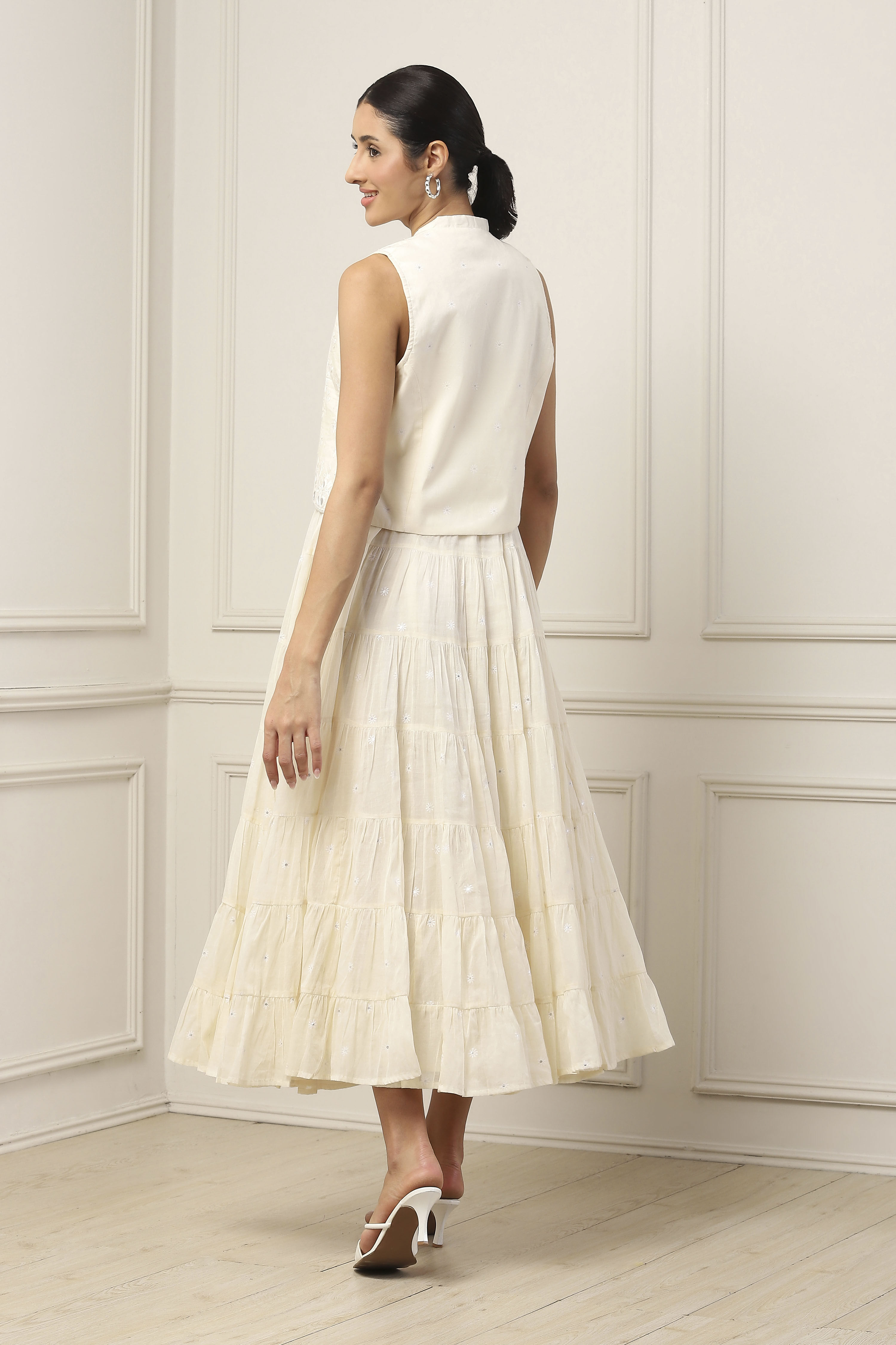 Yellow Cotton Embroidered Tiered Dress With Jacket image number 3
