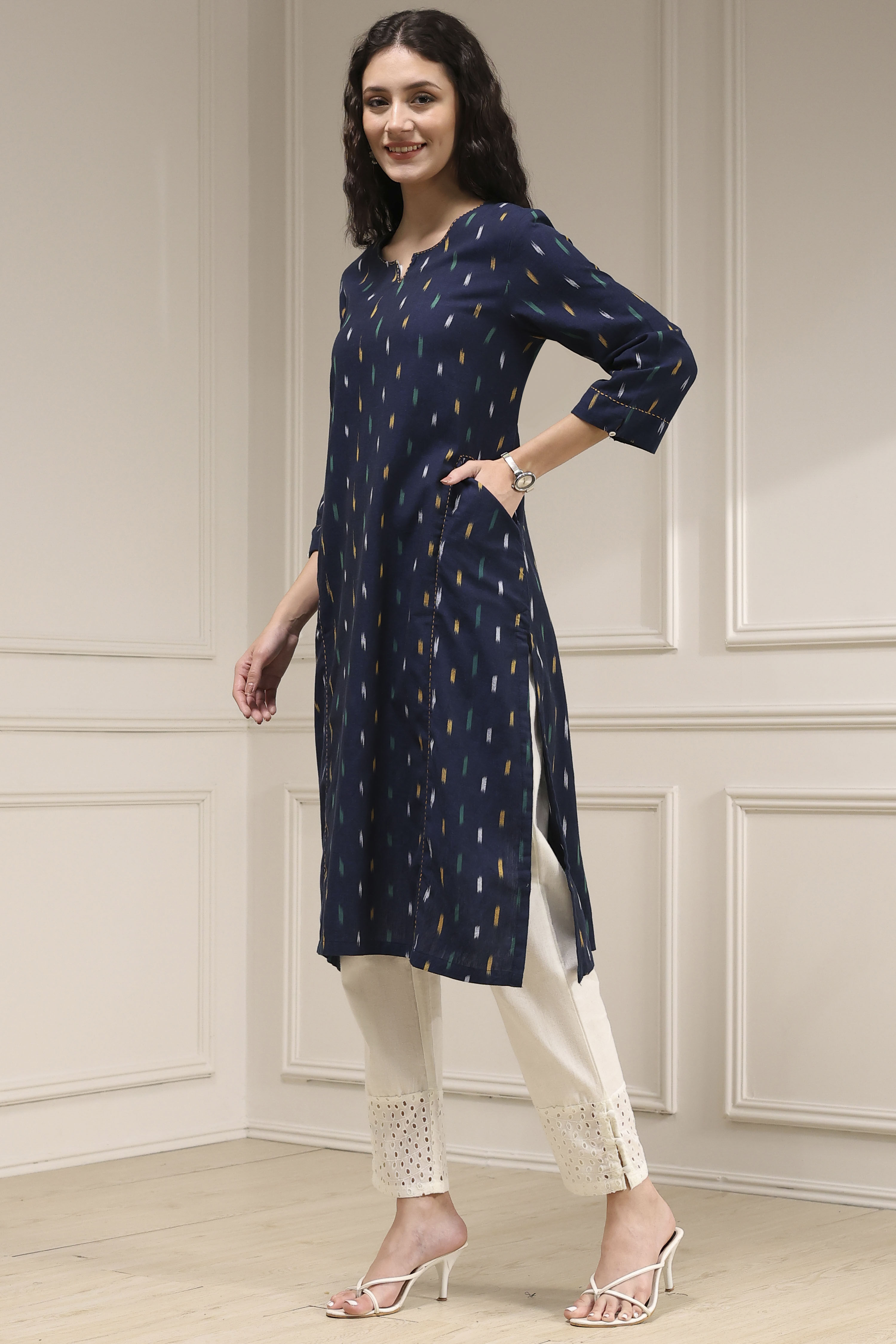 Indigo Blue Cotton Ikat Straight Kurta image number 5