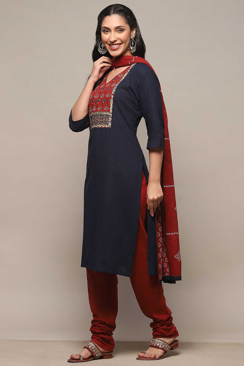 Navy Blue Cotton Unstitched Suit Set image number 5