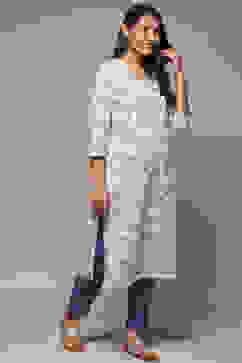 Cream Cotton A-Line Printed Kurta image number 3