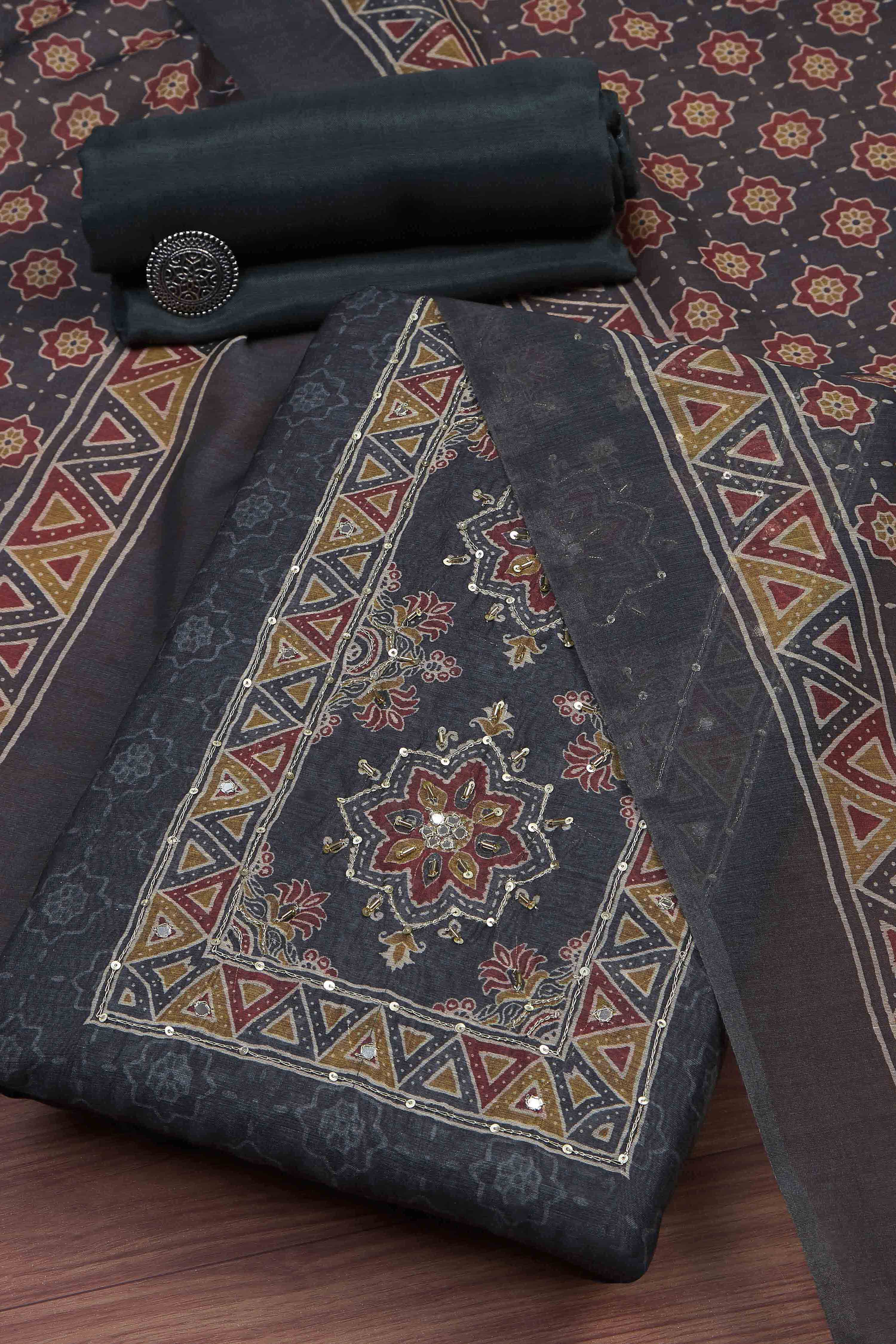 Grey Chanderi Rajasthani Print Unstitched Suit Set image number 0