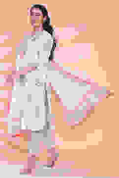 Off White Cotton Straight Kurta Regular Pant Suit Set image number 4