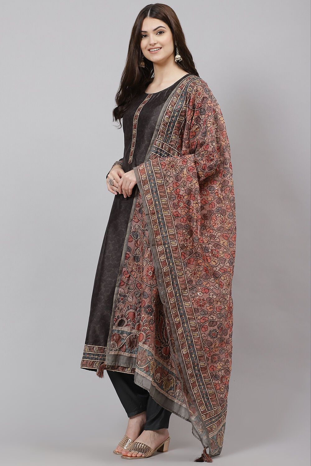 Beige Chanderi Woven Unstitched Suit Set image number 3