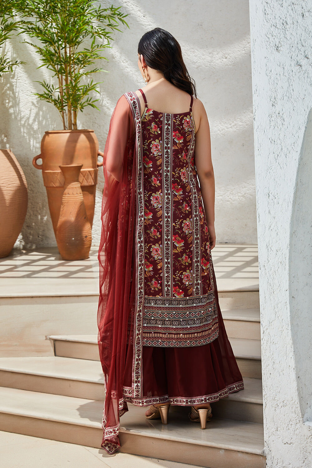 Maroon Printed Straight Kurta & Palazzo Suit Set image number 4