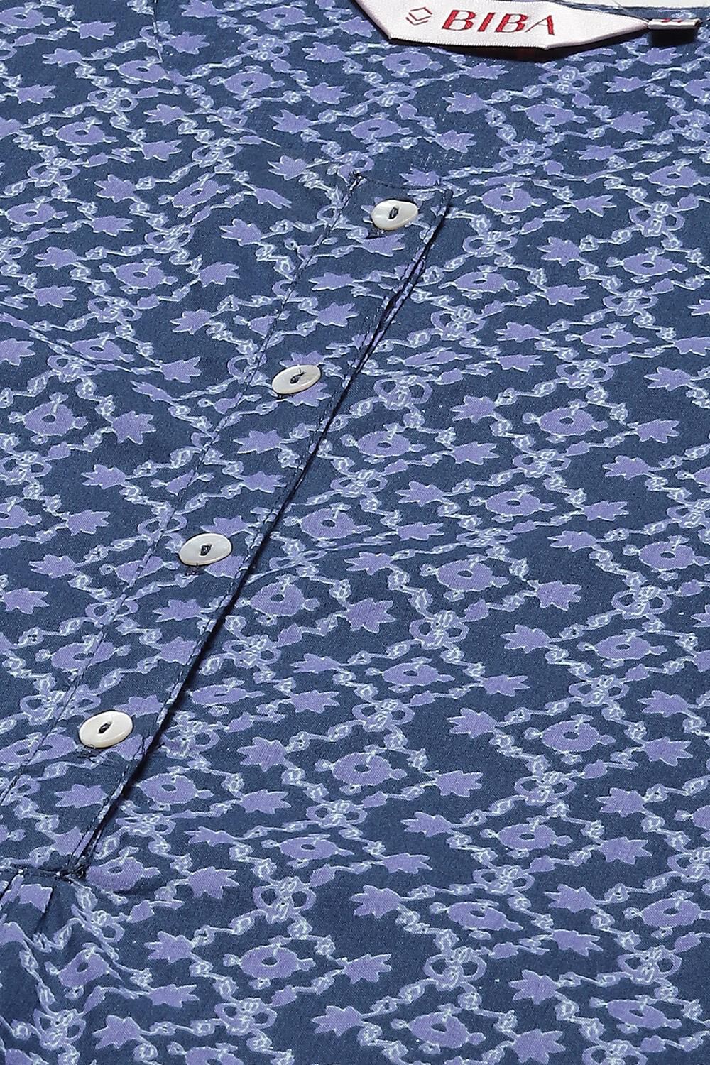 Blue Cotton A-Line Printed Kurta image number 1