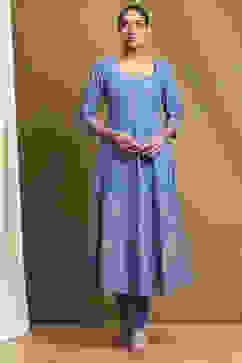 Electric Blue Cotton Printed Anarkali Suit Set image number 6