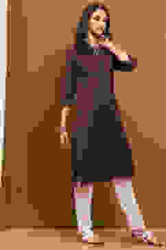 Brown Cotton Blend Solid Regular Fit Straight Kurta image number 4