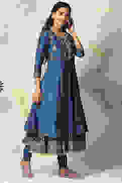 Blue Cotton Blend Anarkali Kurta Churidar Suit Set image number 5