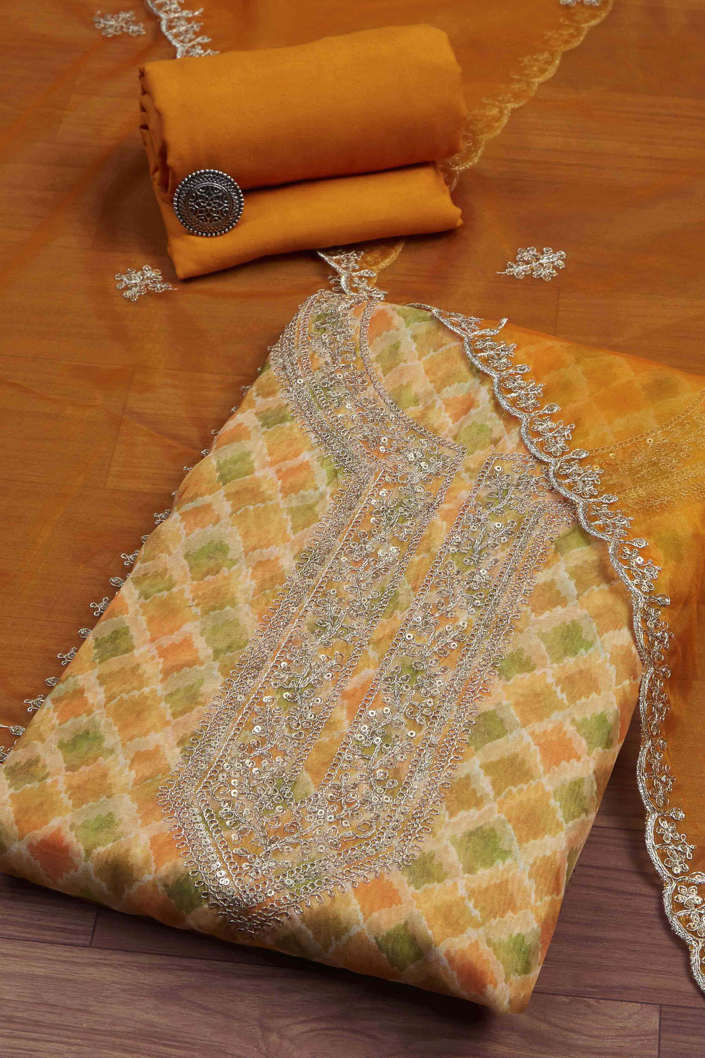 Yellow Organza Rajasthani Print Unstitched Suit Set image number 0