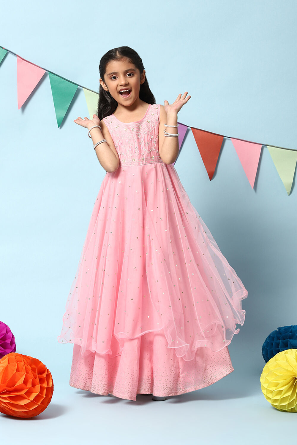 Pink Cotton Blend Gathered Gown image number 5