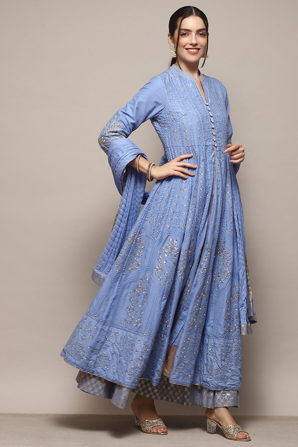 Aqua Blue Cotton Anarkali Kurta Lehenga Set image number 6