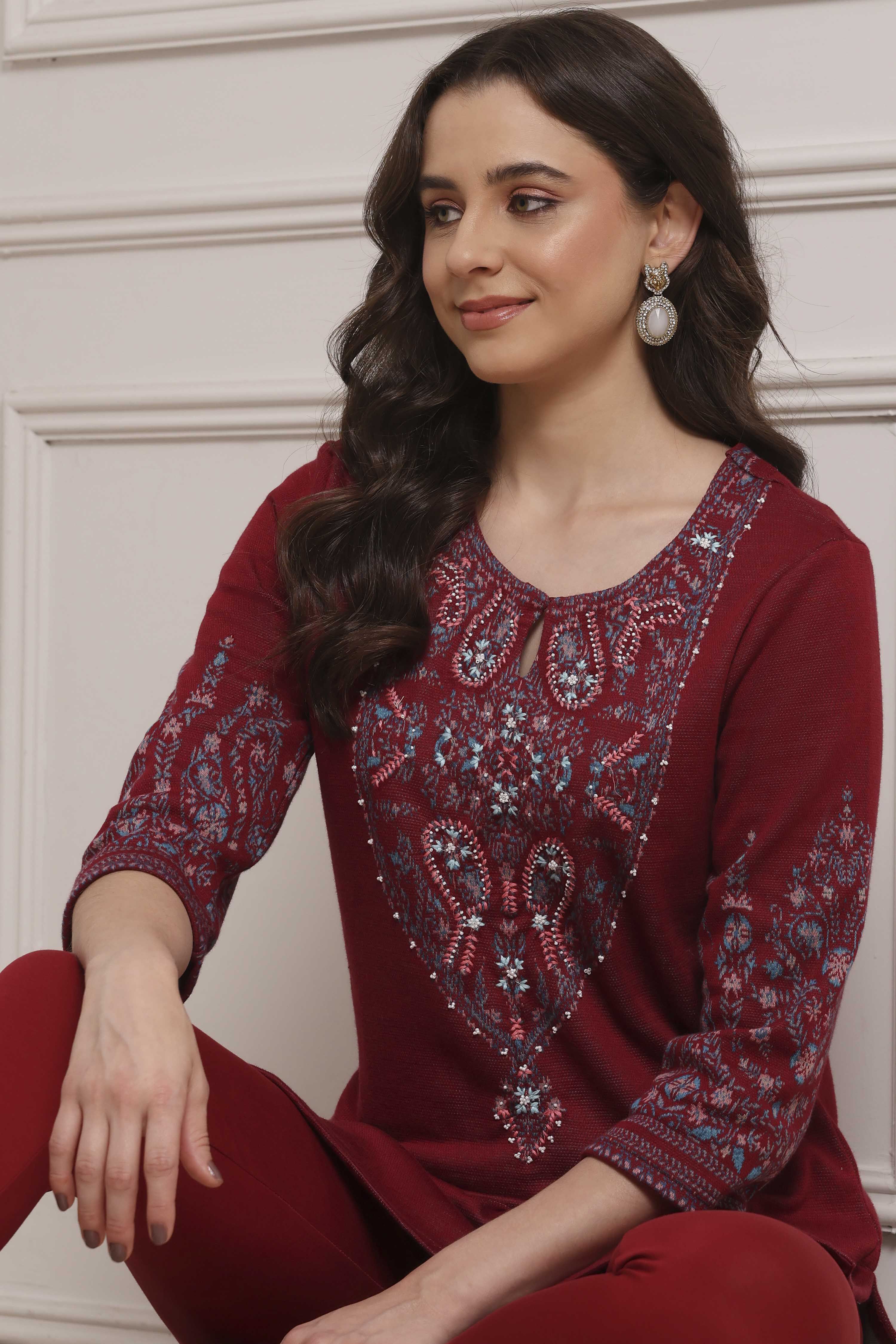 Green-Maroon Cotton Blend Yarndyed Kurta image number 0