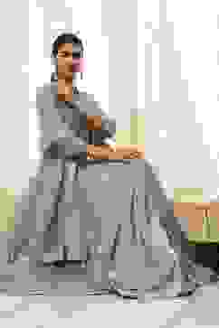 Turquoise Floral Butterfly Net Festive Anarkali Lehenga Set image number 8