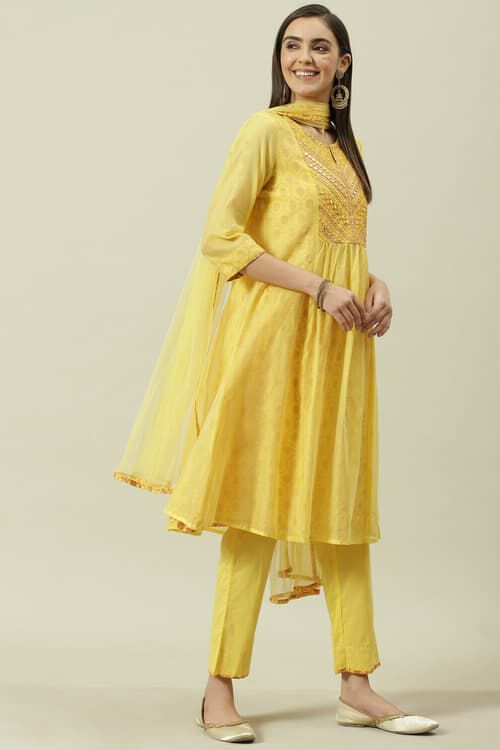 Yellow Cotton Blend Kalidar Kurta Pants Suit Set image number 6