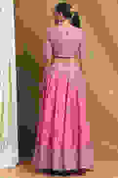 Coral Cotton Blend Embroidered Lehenga Set image number 4