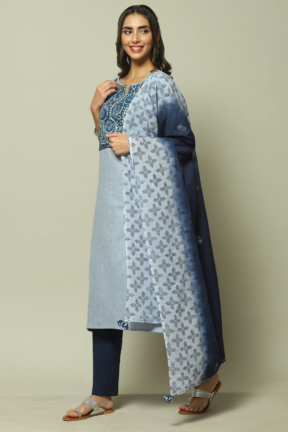 Light Blue Cotton Printed Unstitched Suit Set image number 5
