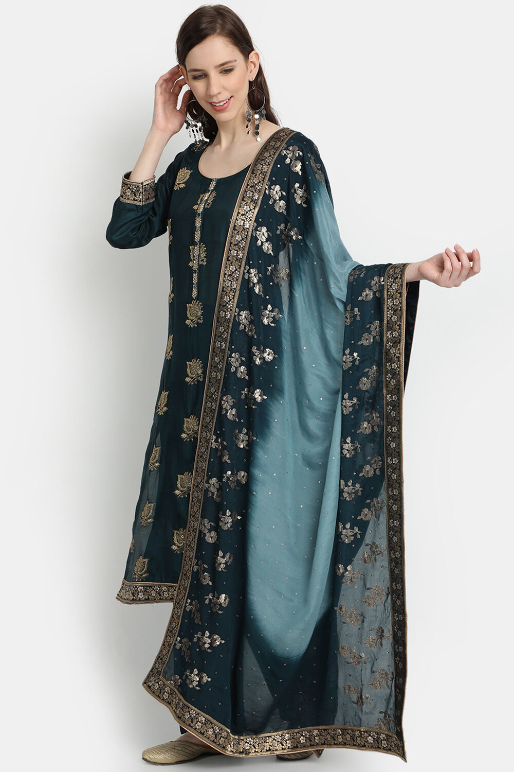 Green Chanderi Silk Unstitched Suit Set image number 2