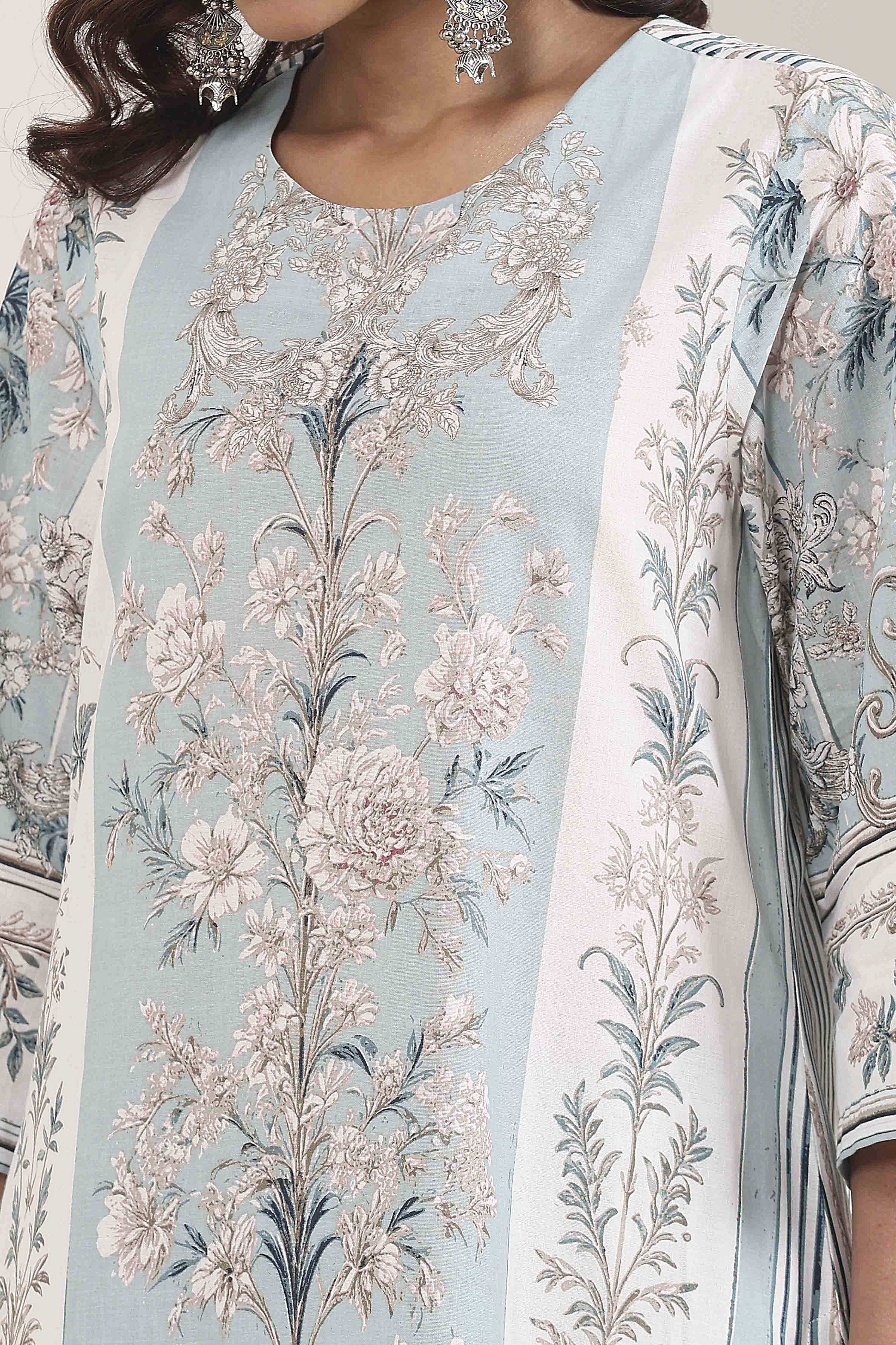 Turquoise Cotton Floral Printed Straight Suit Set image number 1