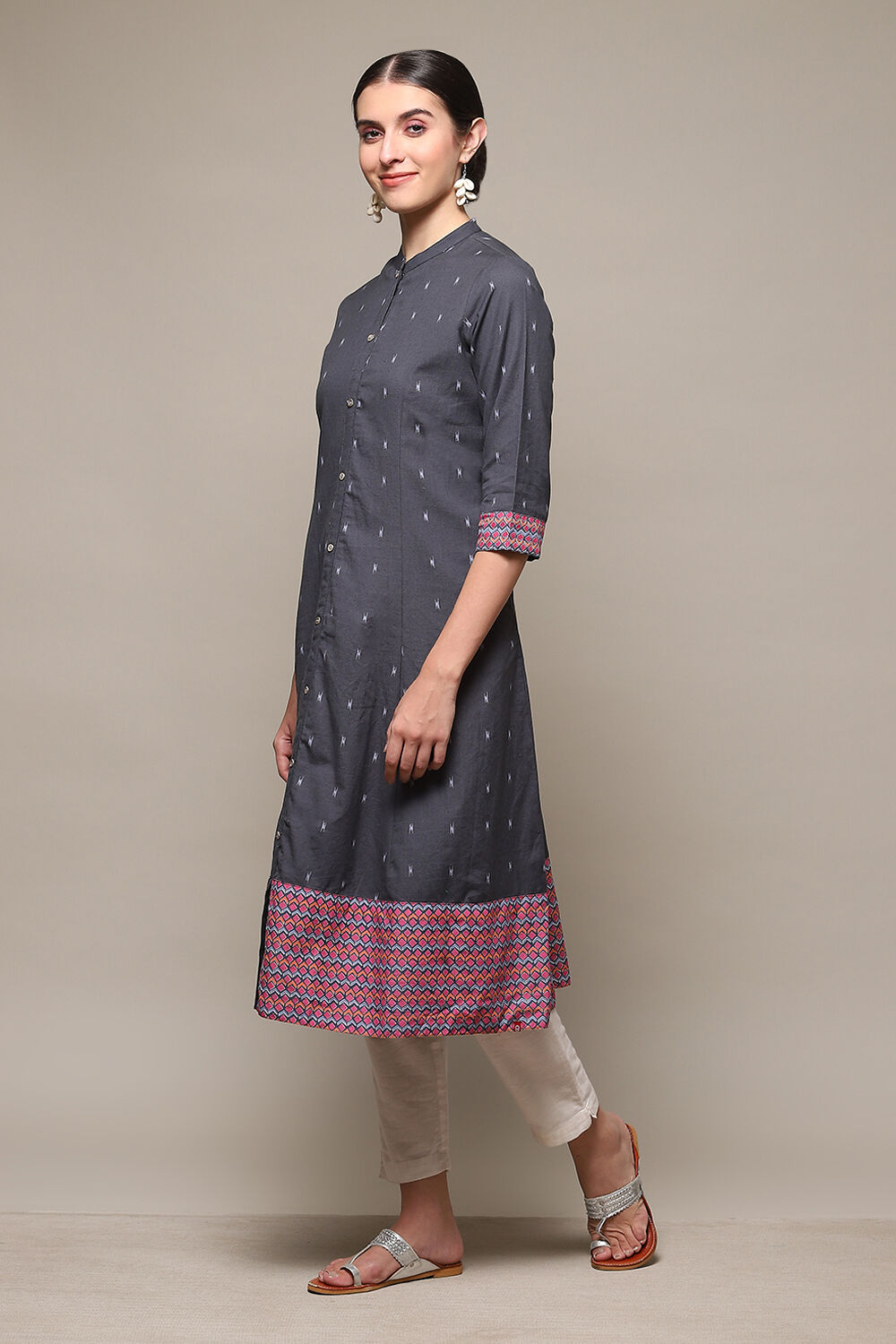 Blue Cotton Blend A-Line Printed Kurta image number 2