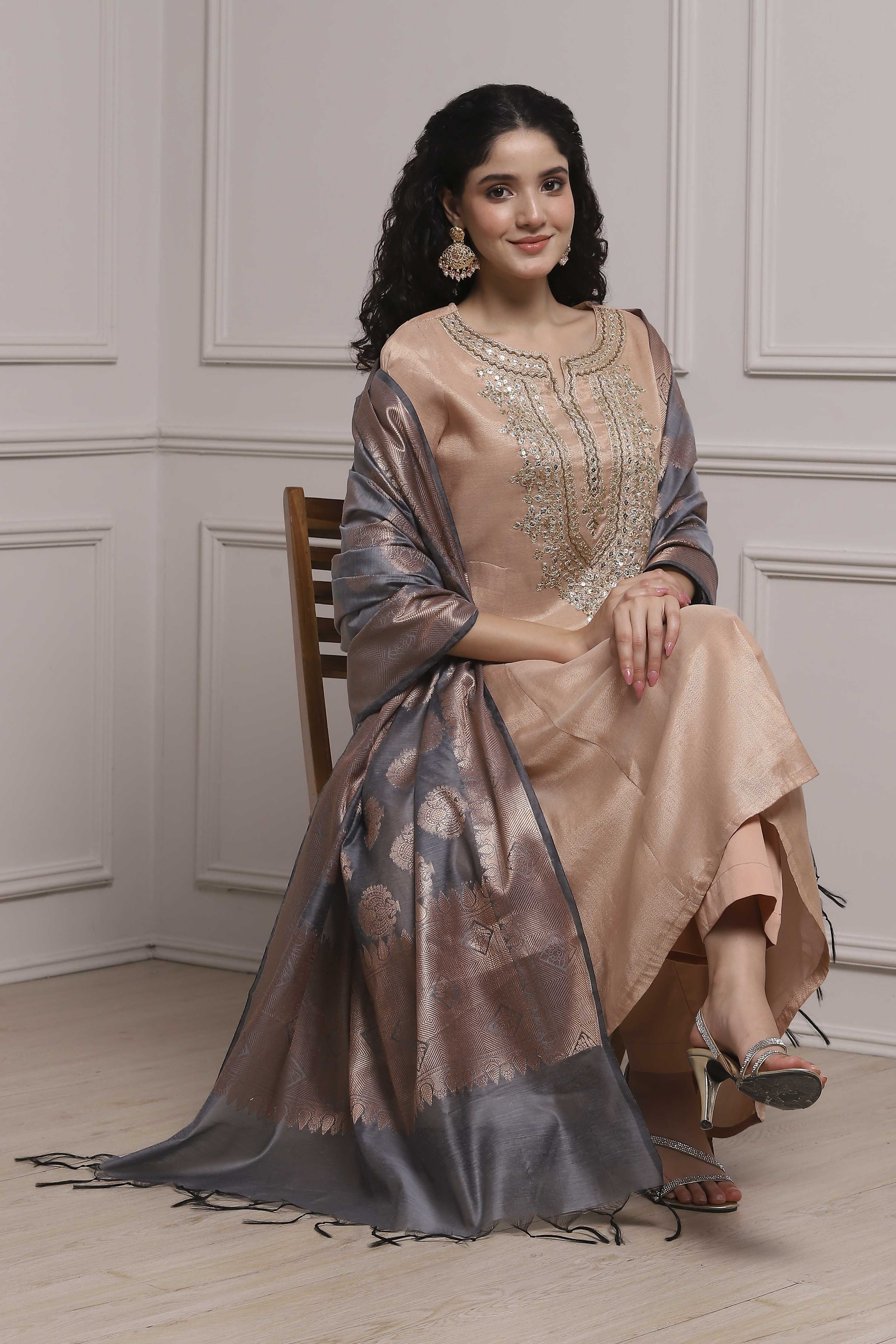 Blush Peach Cotton Tissue Embroidered Dyed Kalidar Suit Set image number 7