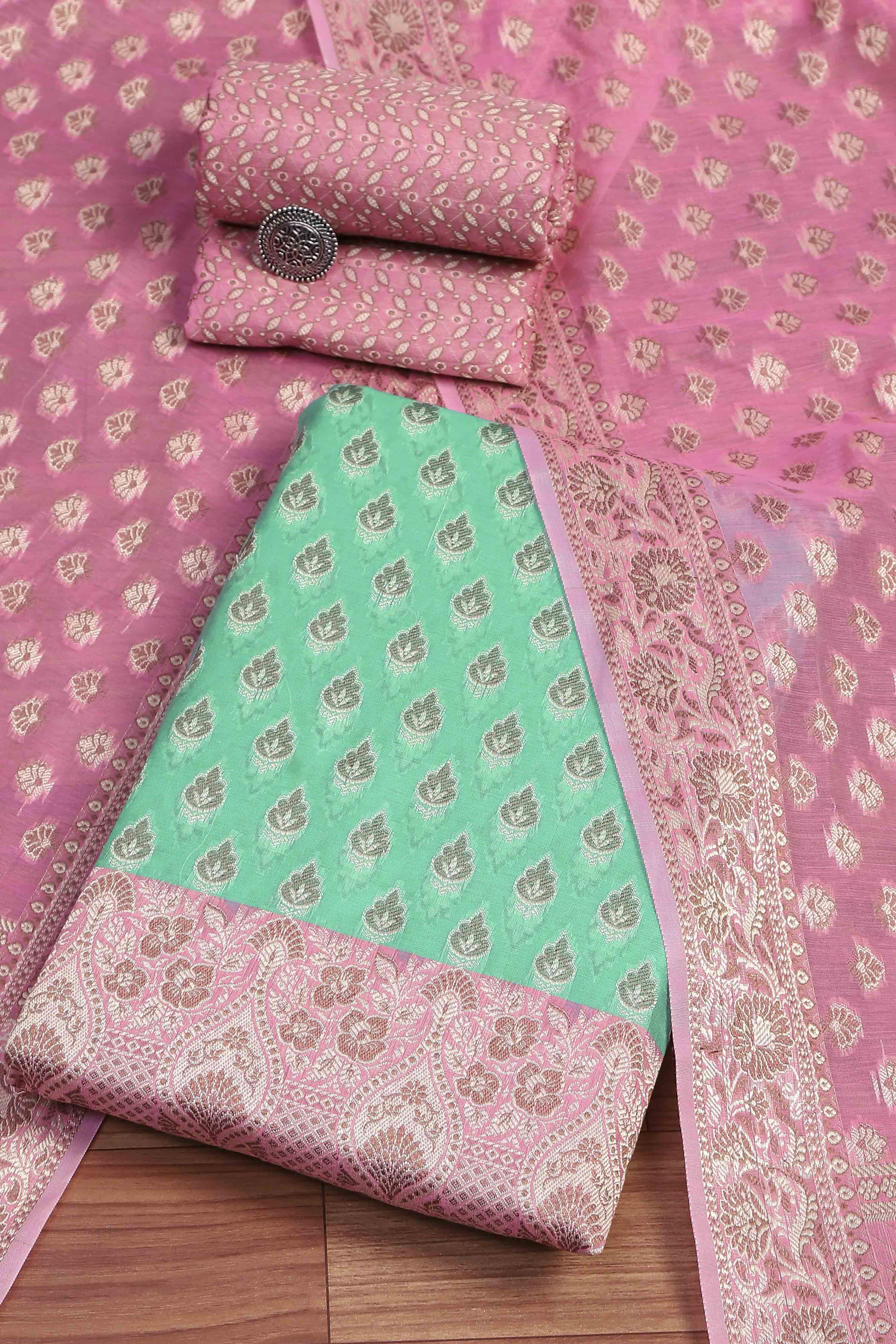 Rose Green Cotton Printed Embroidered Unstitched Suit Set image number 0