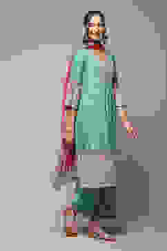 Sea Green LIVA Gathered Kurta Palazzo Suit Set image number 6