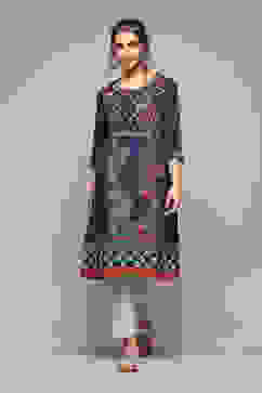 Navy LIVA Straight Printed Kurta image number 5