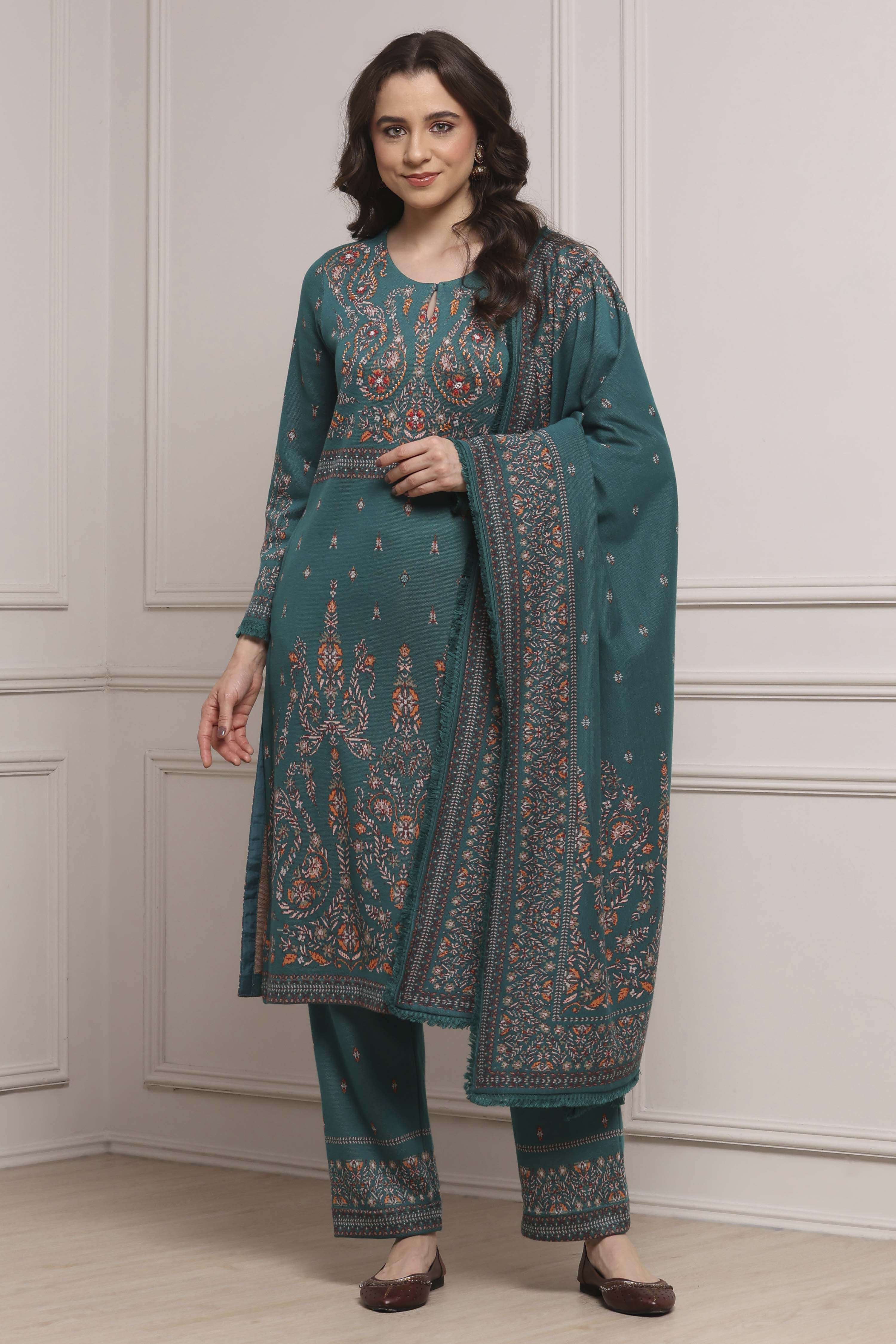 Ivory Printed Straight Winter Suit Set image number 6