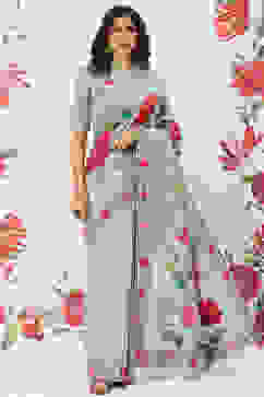 Rohit Bal Green Chanderi Silk Printed Saree With Blouse image number 4