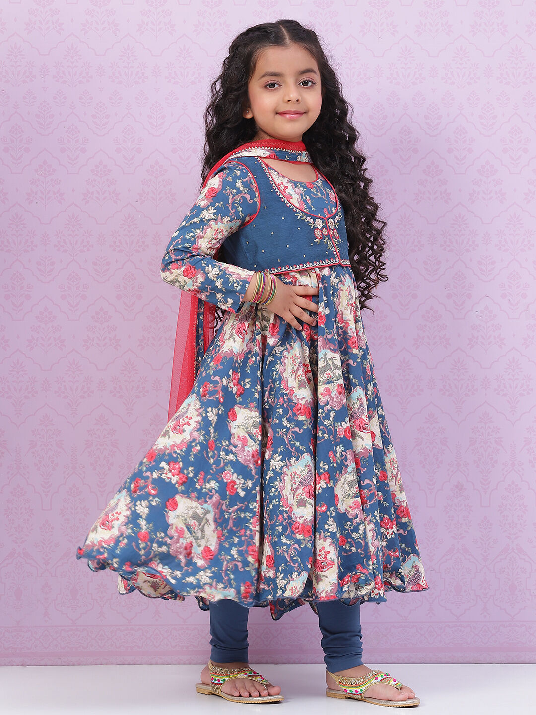 Marine Blue Cotton Flared Kurta Churidar Suit Set image number 7