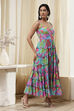 Turquoise Cotton Floral Printed Tiered Dress image number 5