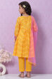 Yellow Cotton Anarkali Kurta Narrow Pants Suit Set image number 4