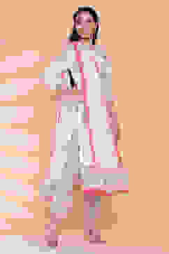 Off White Cotton Straight Kurta Regular Pant Suit Set image number 6