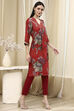 Coral Red Floral Printed Straight Kurta image number 4