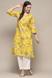 Yellow Cotton Floral Printed Straight Kurta