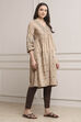 Taupe Poly Cotton Flared Kurta Pants Set image number 5