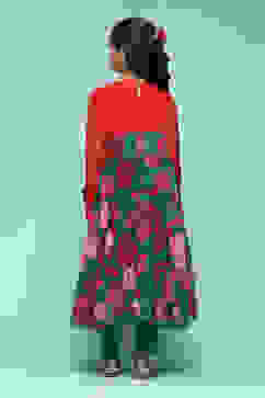 Green Poly Viscose Tiered Kurta Printed Suit Set image number 4