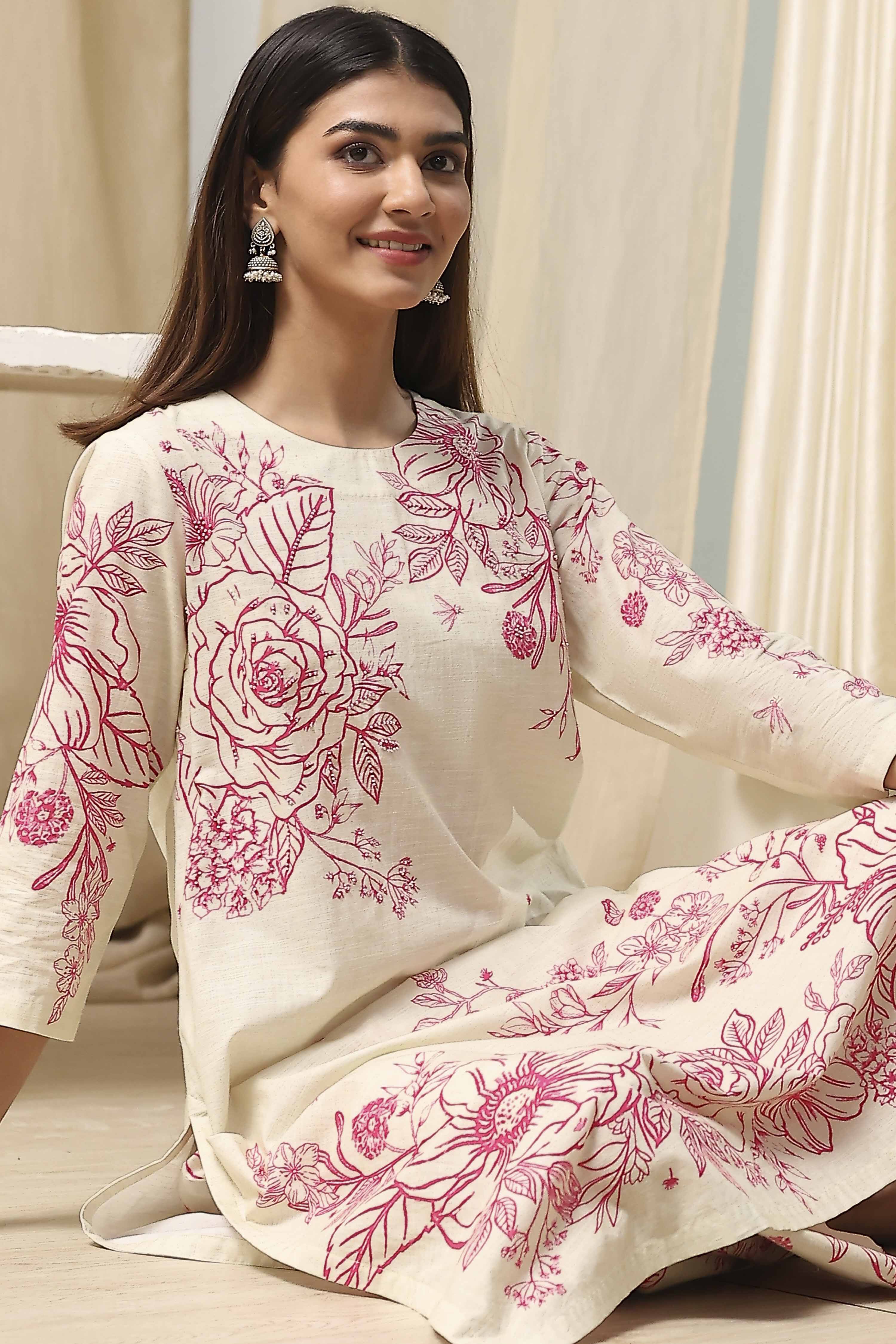 Off-White and Pink Cotton Straight Suit Set image number 7
