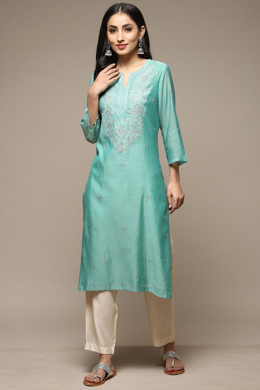 Blue Cotton Blend Straight Yarndyed Kurta image number 0