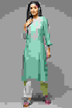 Sea Green Cotton Blend Straight Yarndyed Kurta image number 0