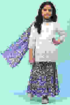 White and Blue Cotton Dobby Printed Suit Set image number 0