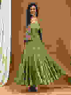Green Georgette Festive Tiered Anarkali Dress image number 0