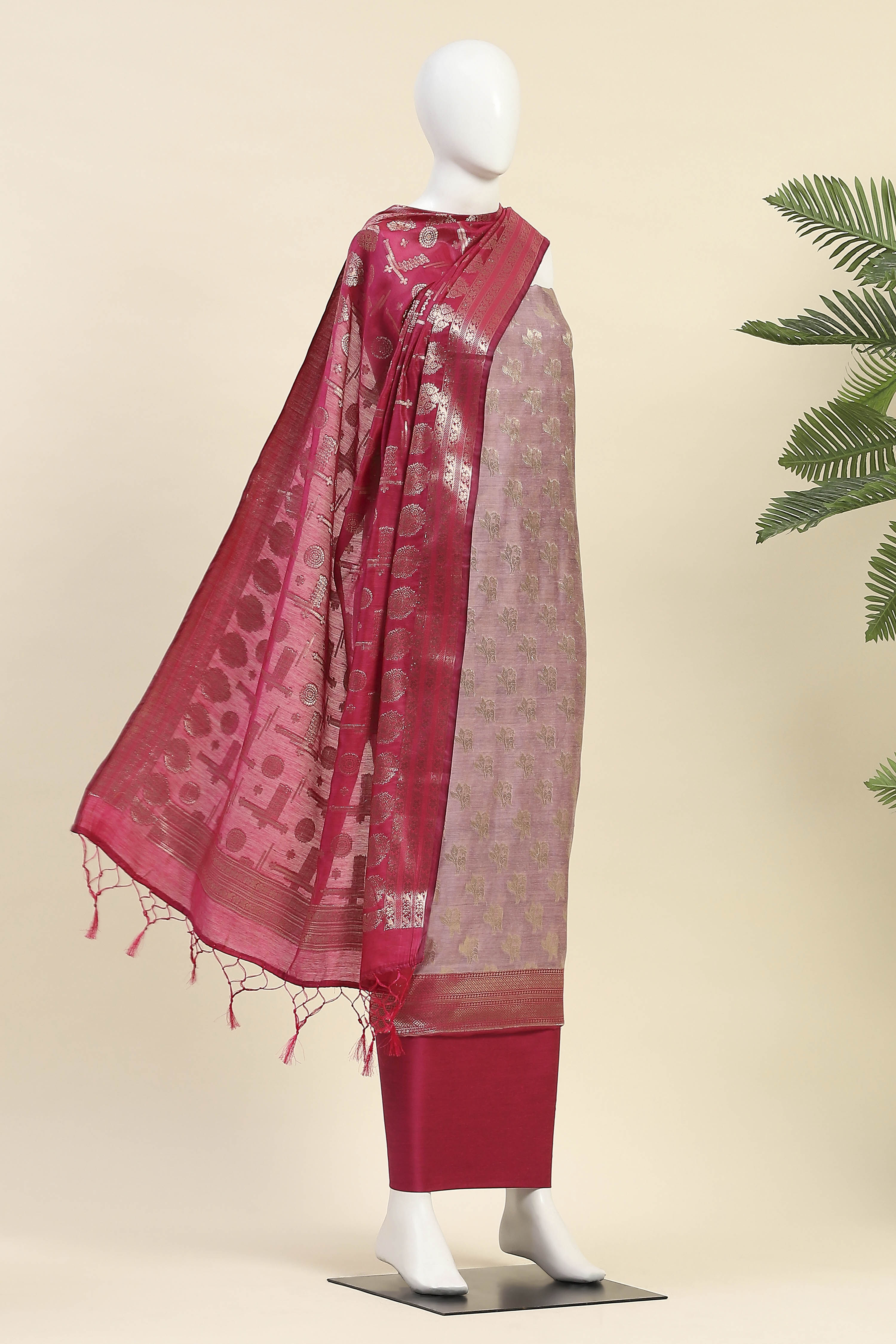 Mauve Cotton Printed Embroidered Unstitched Suit Set image number 4