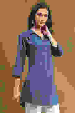 Blue Solid Shirt Collar Straight Short Kurti image number 4