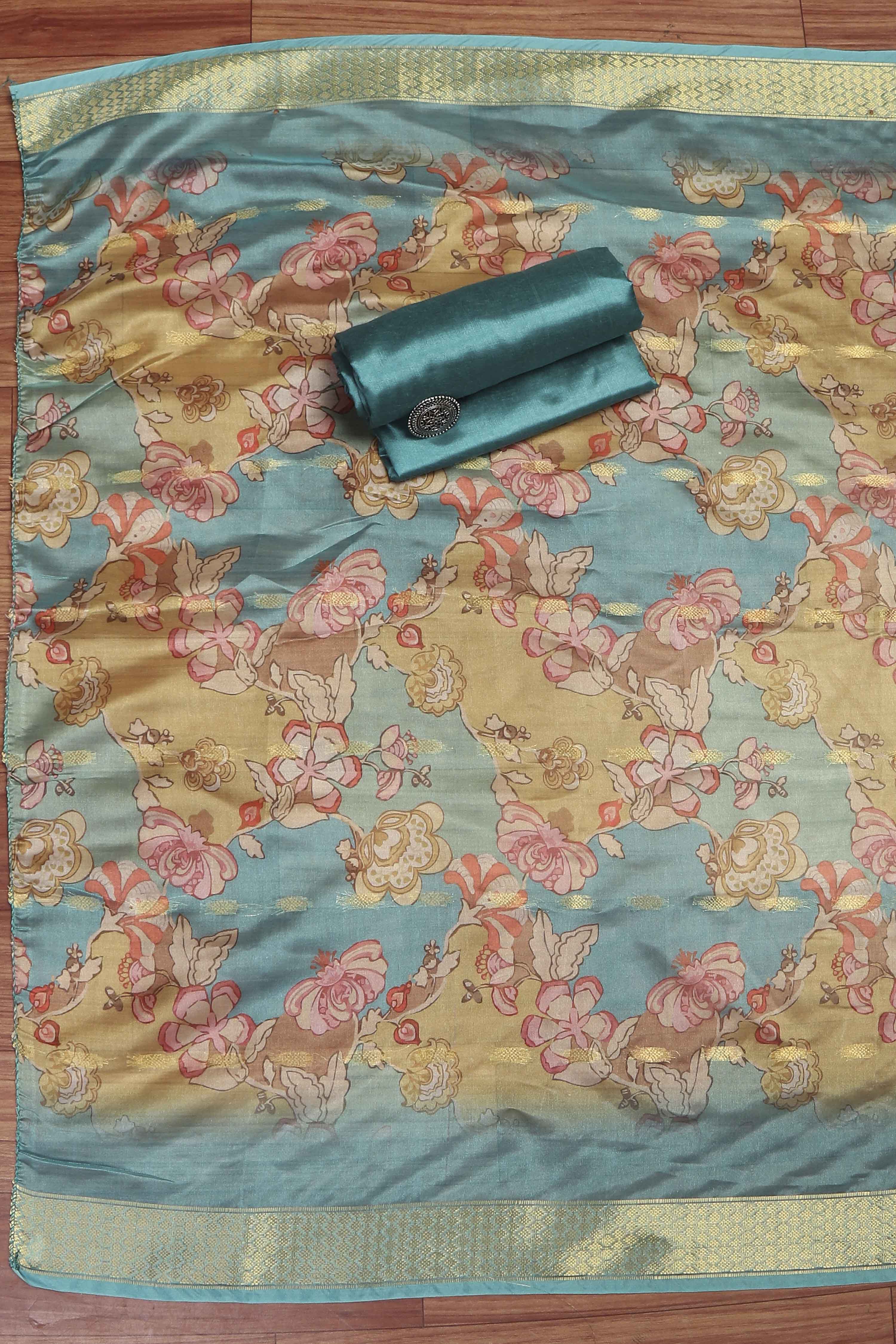 Blue Cotton Printed Embroidered Unstitched Suit Set image number 3