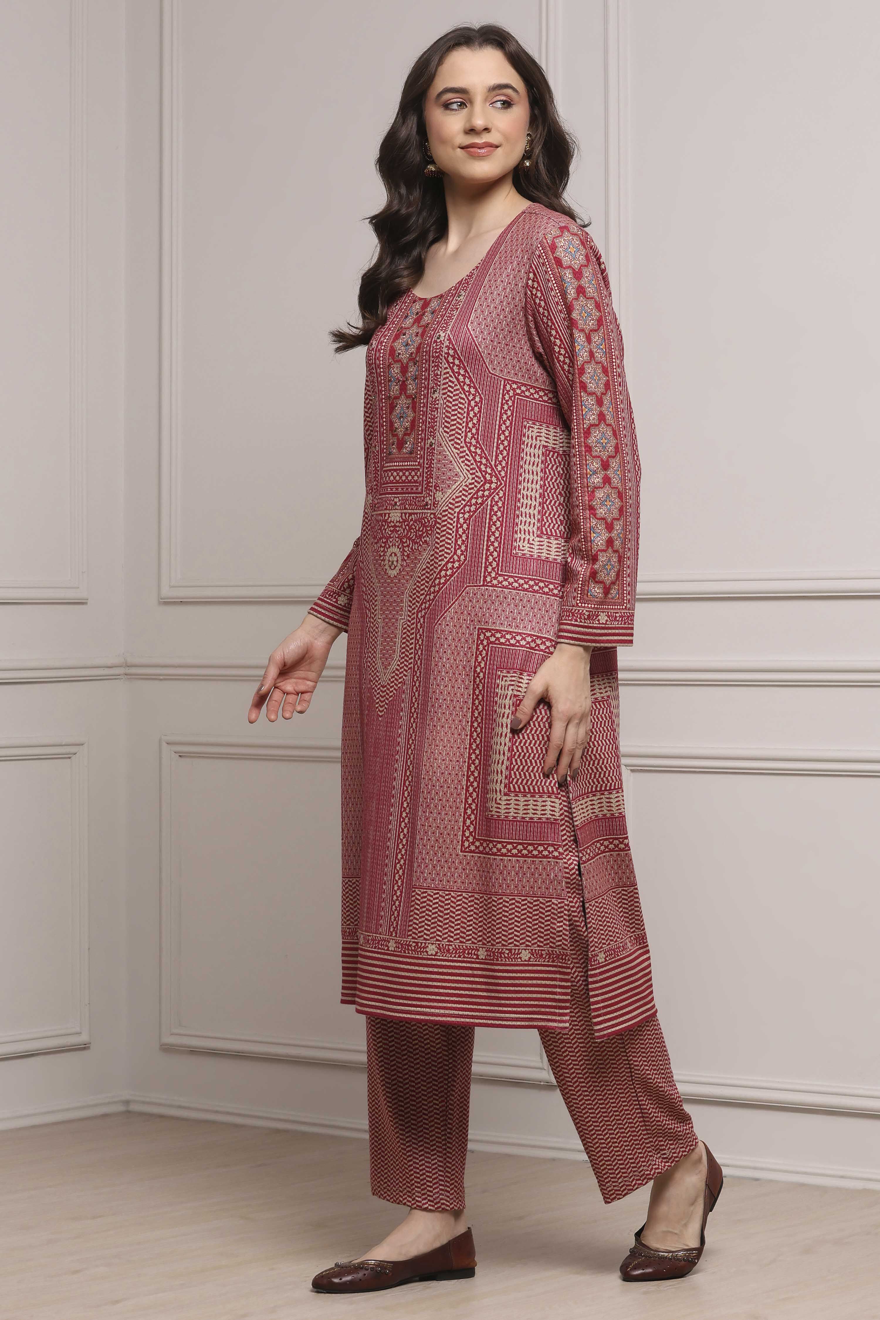 Pink Polyester Straight Printed Kurta Set image number 3