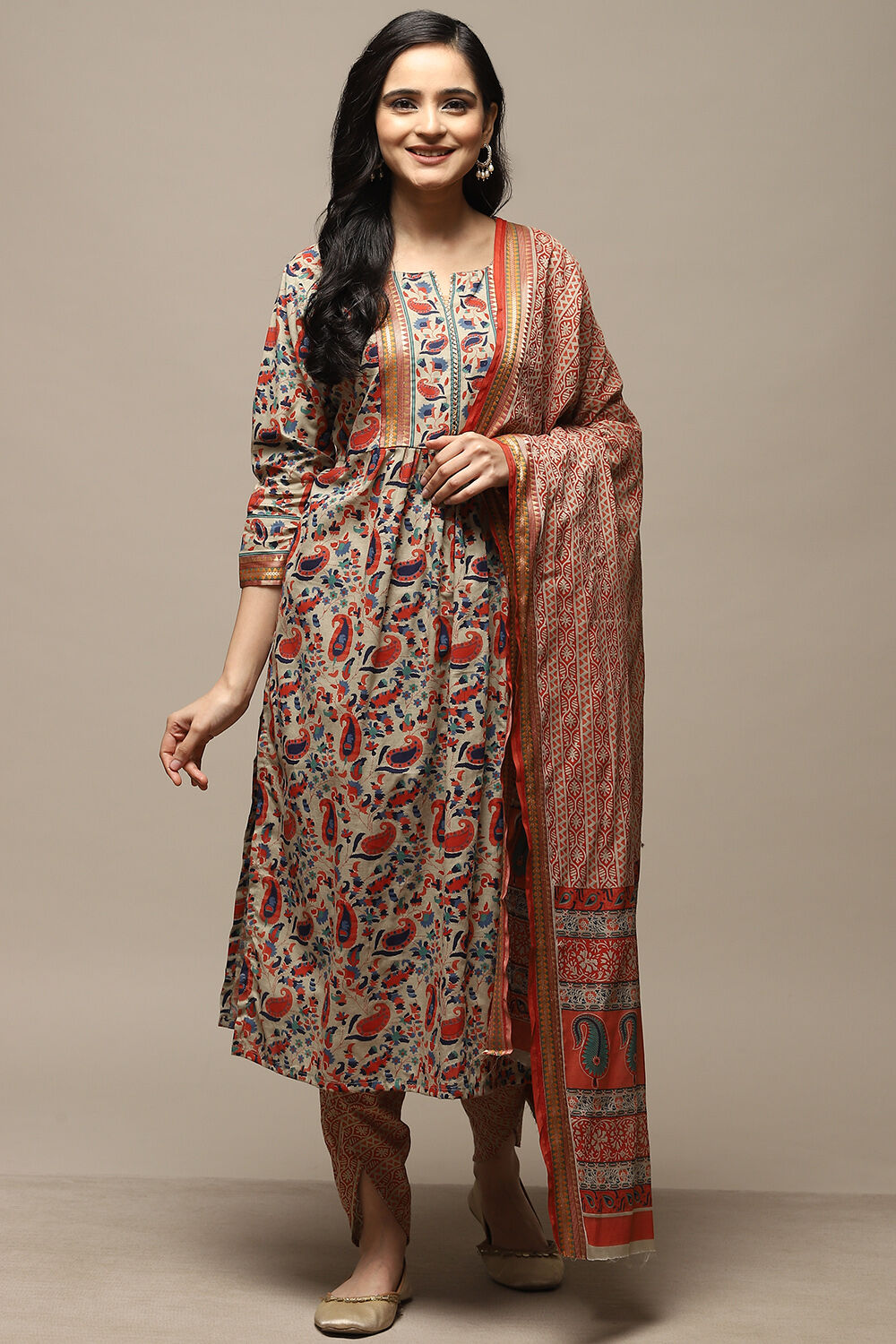Red Cotton Hand Block Print Unstitched Suit Set image number 2